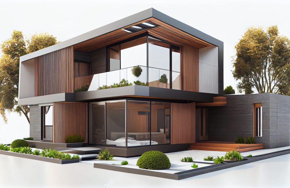 Modern residential district with green roof and balcony generated by artificial intelligence